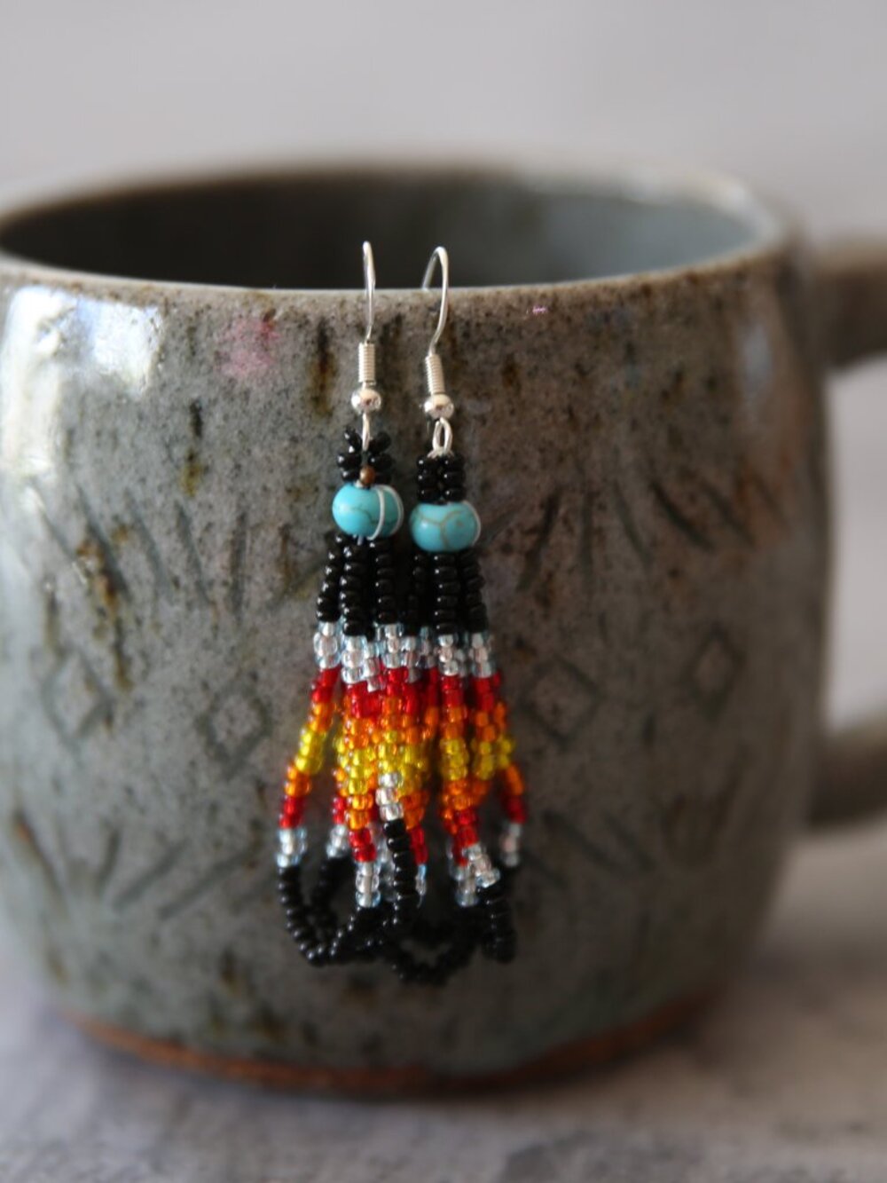 Black with Fire Colors Seed Bead Native American Design Sterling Earrings